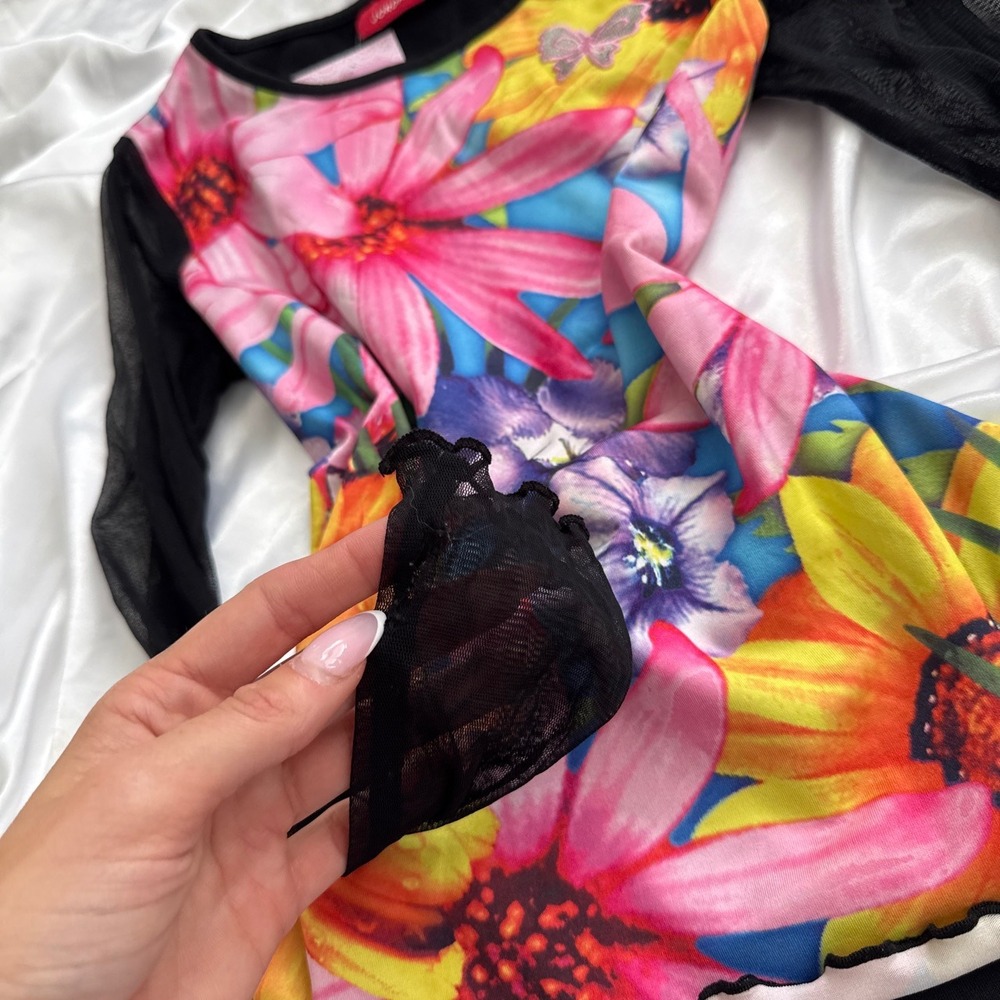 Jordache Y2K Floral Mesh Long Sleeve Top Butterfly Applique Lettuce Hem Multi